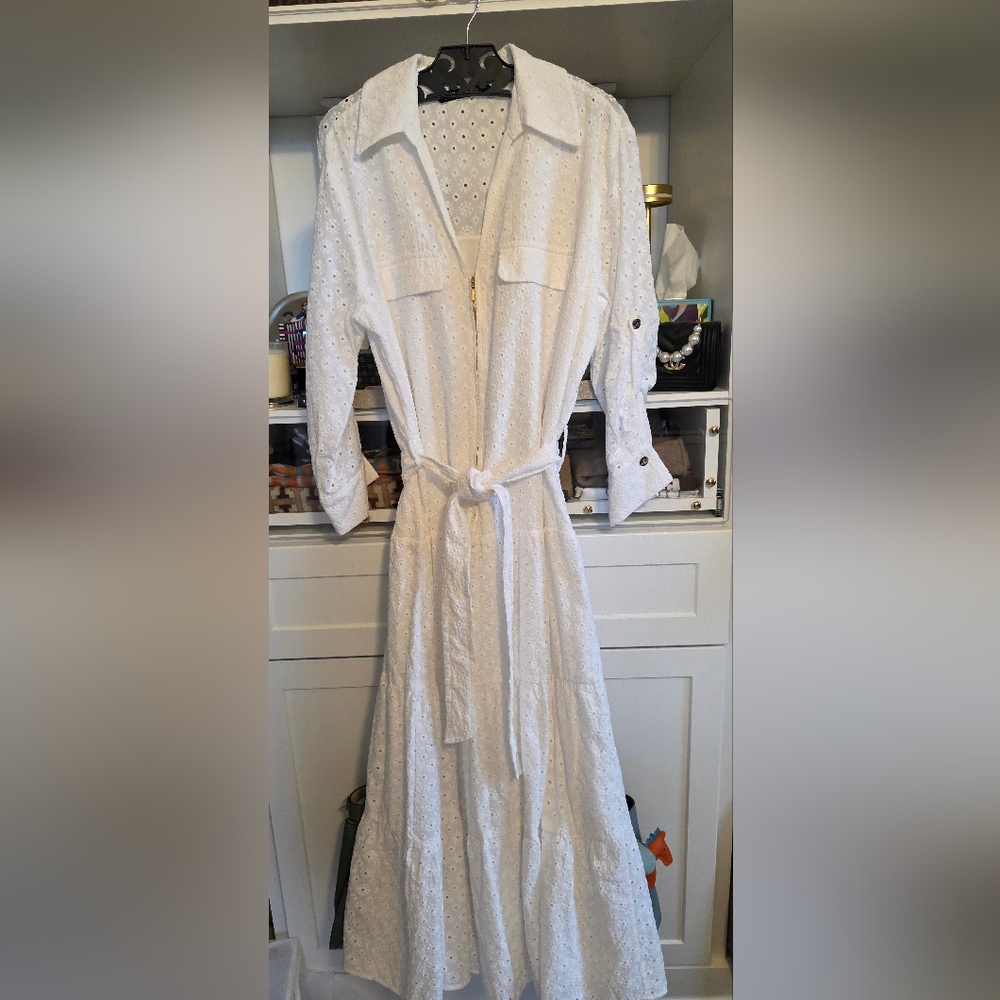 Zara White Long Sleeve Eyelet Dress